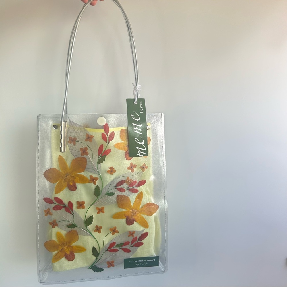 NWT Vintage Memeheaven Handmade Transparent Tote Bag with Floral Accents